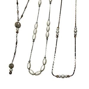 Vintage Necklaces Lot Of 3 Faux Pearl Beaded Chain Silver Tone Costume Jewelry